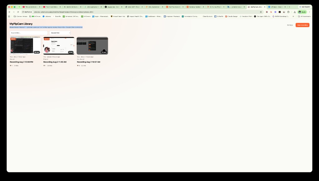MyPipCam Library grid with Drive badges and New recording button