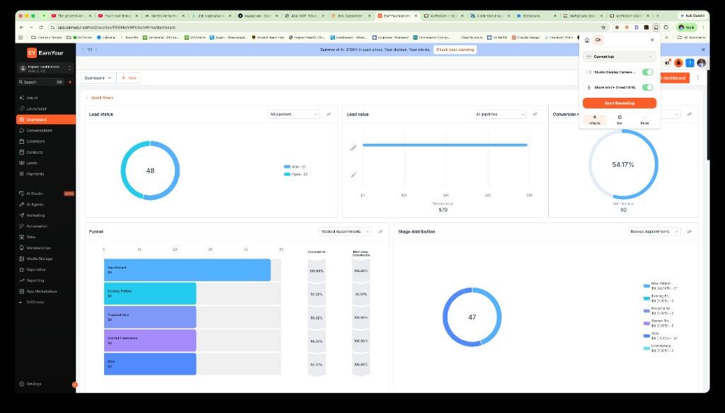 MyPipCam extension popup on the EarnYour dashboard, ready to start recording