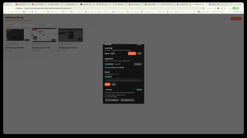 MyPipCam Settings with local Movies folder and Google Drive connected